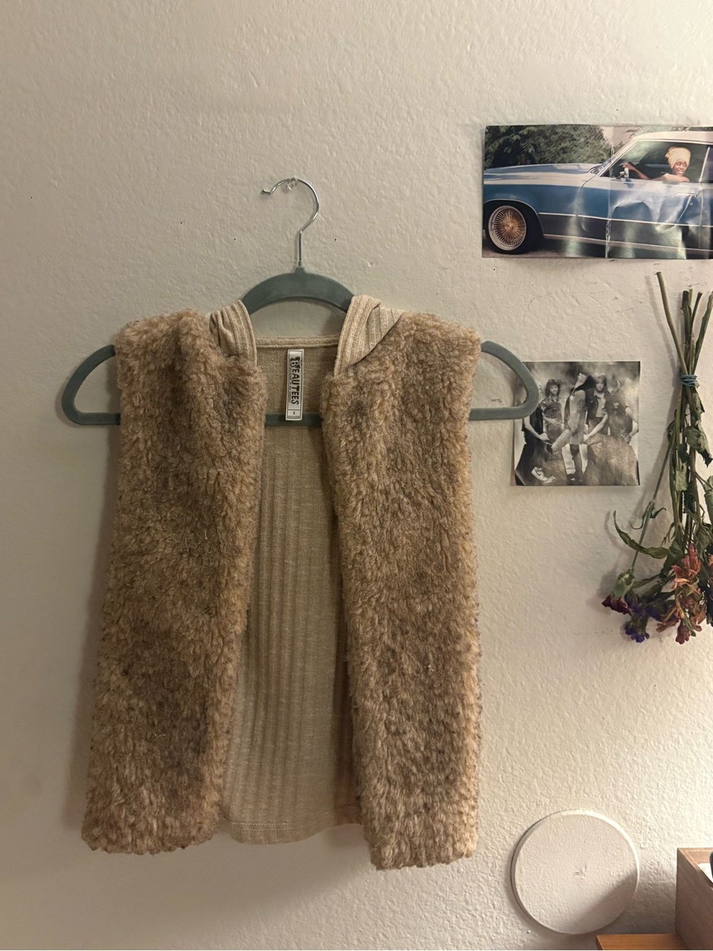 Beautees Faux-Shearling Hooded Vest in Taupe